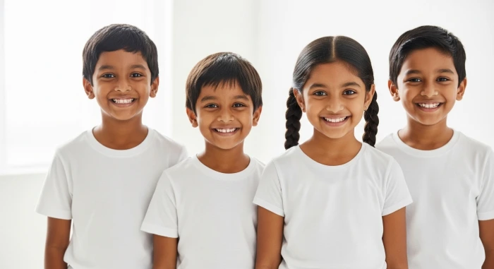 happy indian kids wearing White cotton t-shirts, smiling, bright background, ecommerce style