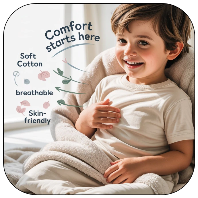 Happy child wearing soft cotton white t-shirt relaxing comfortably