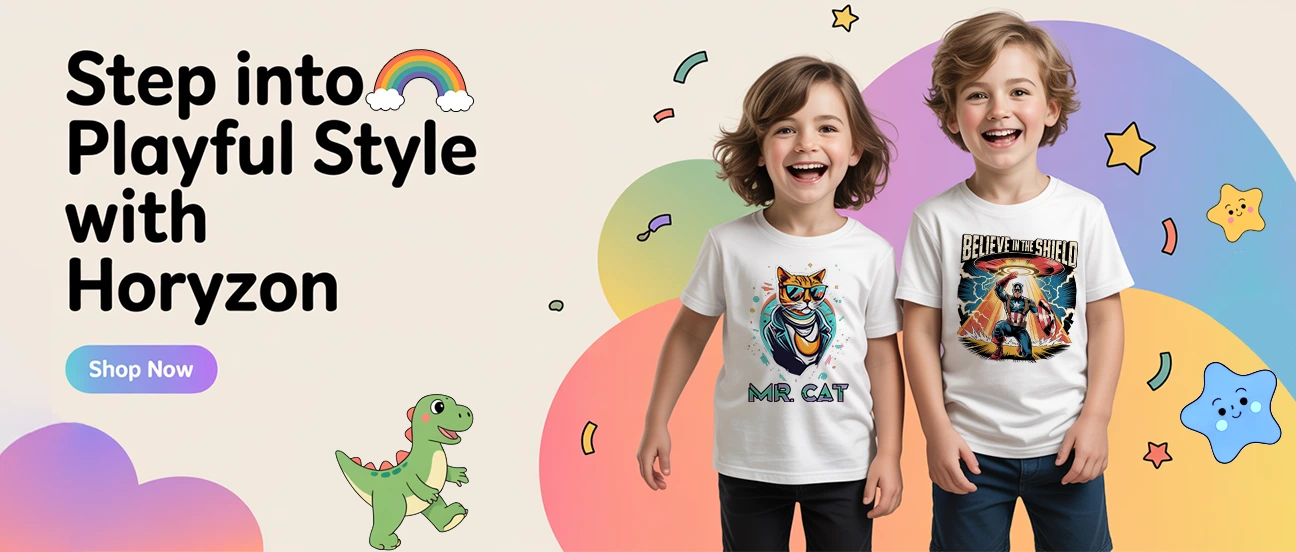 Smiling kids wearing white graphic t-shirts from Horyzon kids clothing collection
