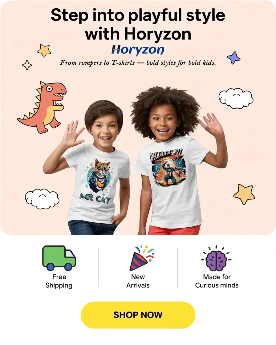 Smiling kids wearing white graphic t-shirts from Horyzon kids clothing collection
