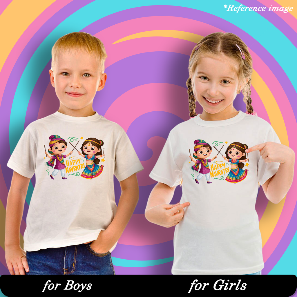Happy Navaratri Graphic Print T-Shirt - 100% Cotton, Half Sleeve, Unisex Fit, White