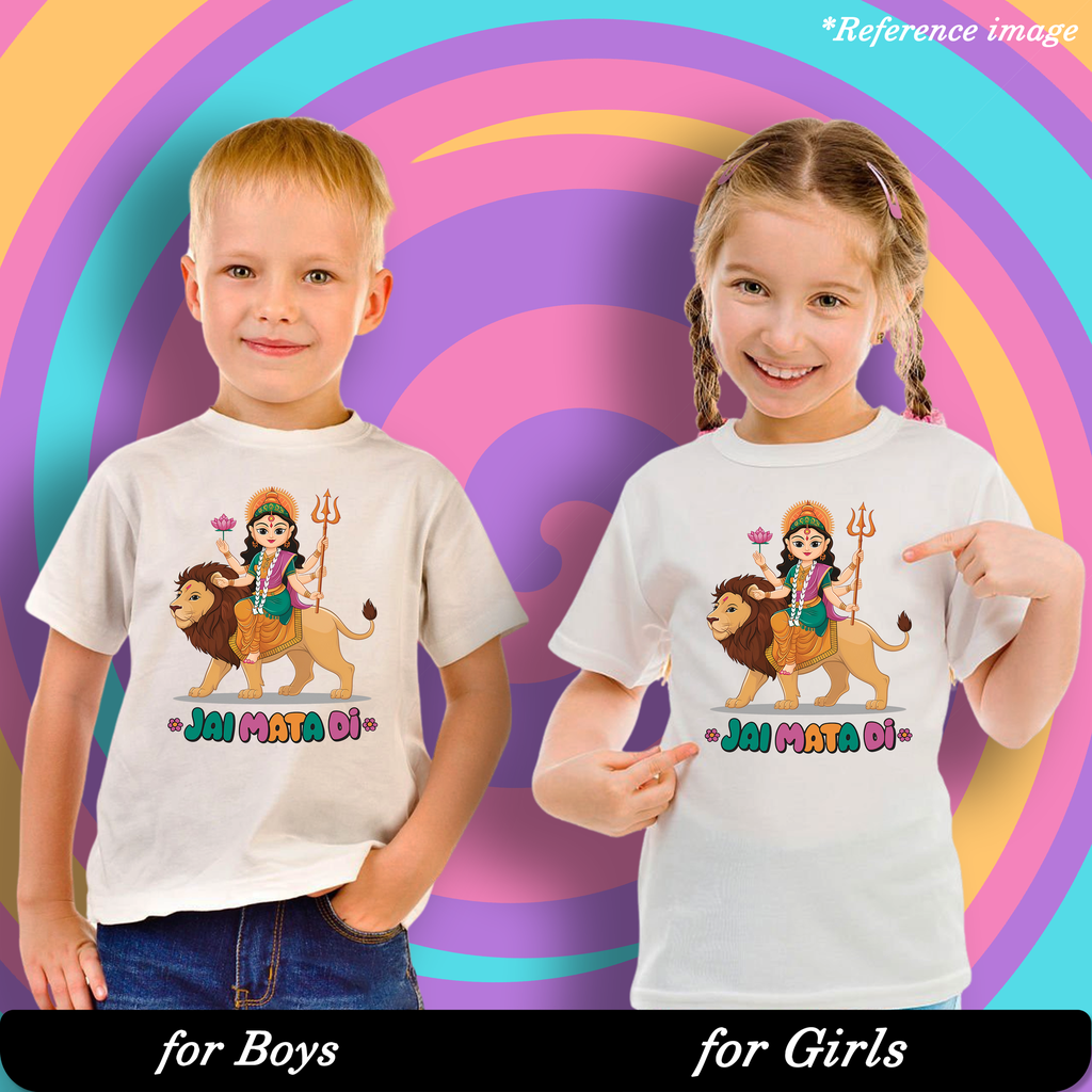 Jai Mata Di Graphic Print T-Shirt - 100% Cotton, Half Sleeve, Unisex Fit, White