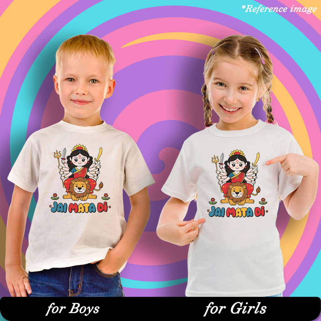 Jai Mata Di Graphic Print T-Shirt - 100% Cotton, Half Sleeve, Unisex Fit, White