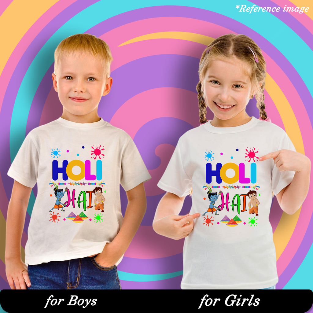 Holi With Krishna and Chhota Bheem  Graphic Print T-Shirt - 100% Cotton, Half Sleeve, Unisex Fit, White | Holi T-Shirt
