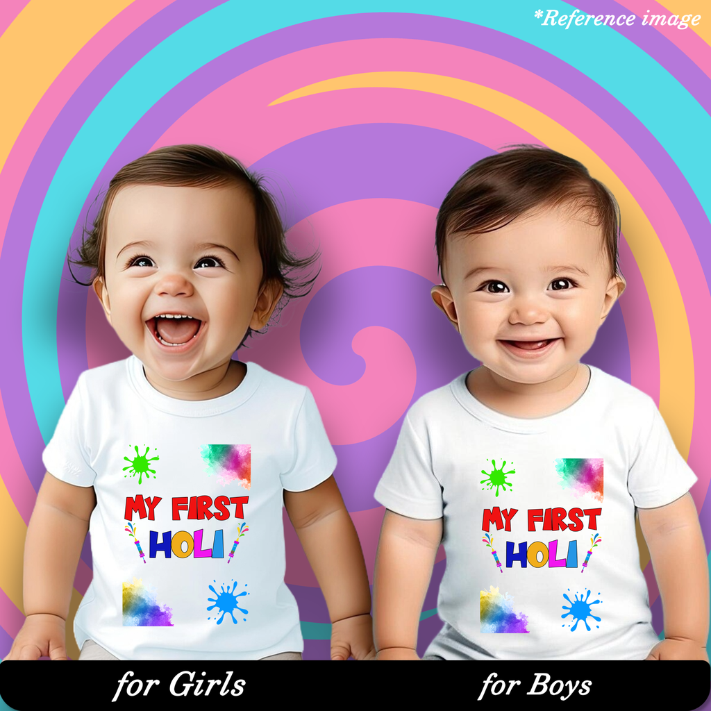 My First Holi Graphic Print T-Shirt - 100% Cotton, Half Sleeve, Unisex Fit, White | Holi T-Shirt