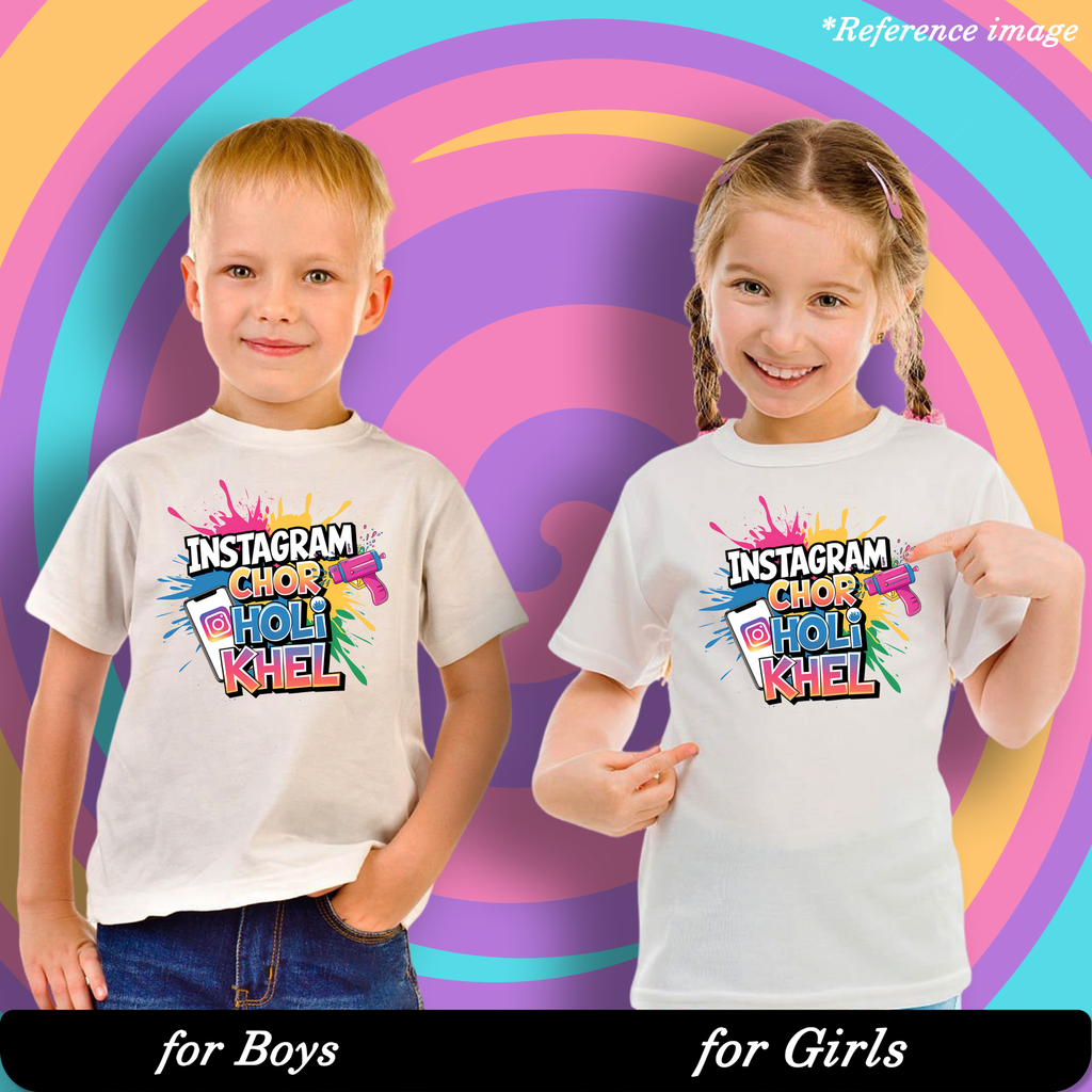 Instagram Chor Holi Khel Graphic Print T-Shirt - 100% Cotton, Half Sleeve, Unisex Fit, White | Holi T-Shirt