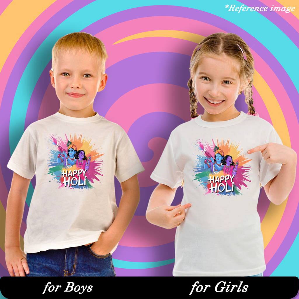 Radha krishna Happy Holi Graphic Print T-Shirt - 100% Cotton, Half Sleeve, Unisex Fit, White | Holi T-Shirt