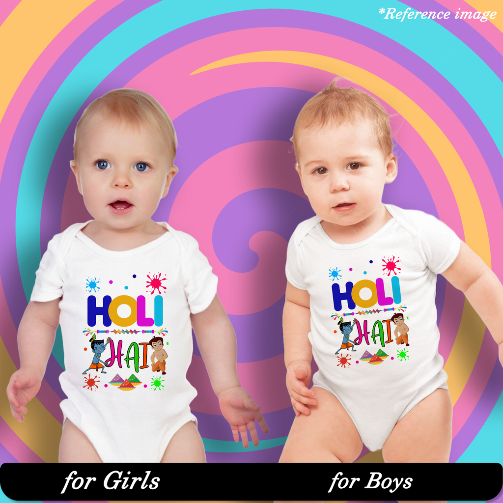 Holi With Krishna and Chhota Bheem Graphic Print Romper - 100% Cotton, Half Sleeve, Unisex Fit, White | Holi Romper / Onesies