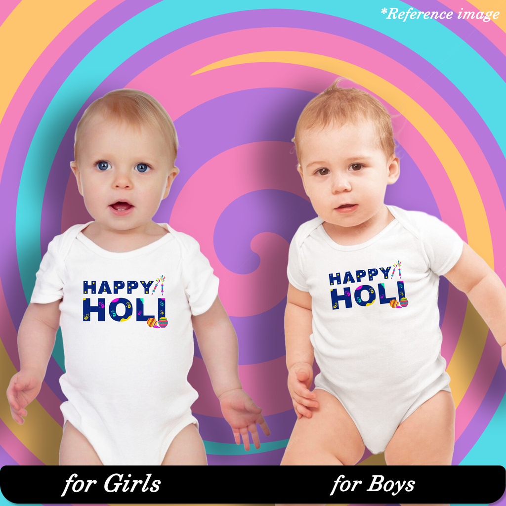 Joyful Fest Graphic Print Romper - 100% Cotton, Half Sleeve, Unisex Fit, White | Holi Romper / Onesies