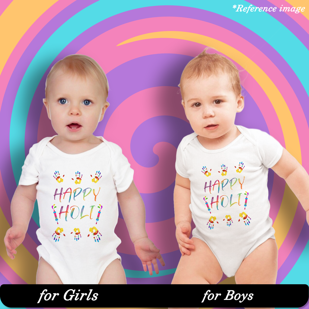 Color Carnival Graphic Print Romper - 100% Cotton, Half Sleeve, Unisex Fit, White | Holi Romper / Onesies