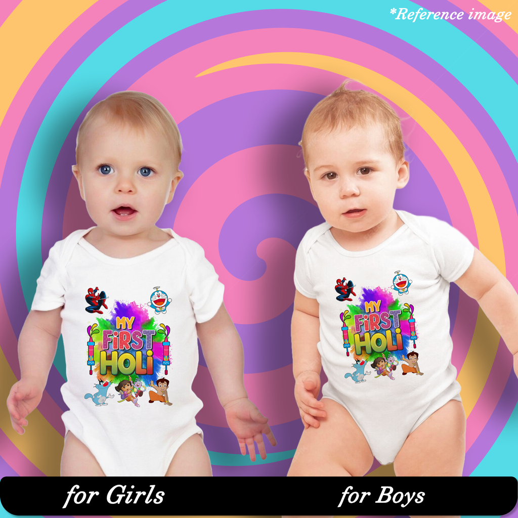 Superheroes and Friends Holi Fiesta Graphic Print Romper - 100% Cotton, Half Sleeve, Unisex Fit, White | Holi Romper / Onesies