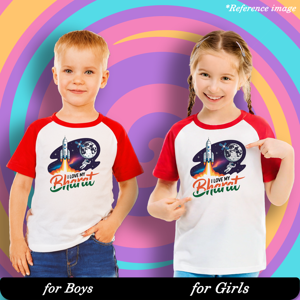 I Love My Bharat Graphic Print Raglan T-Shirt - 100% Cotton, Half Sleeve, Unisex Fit, Red and White