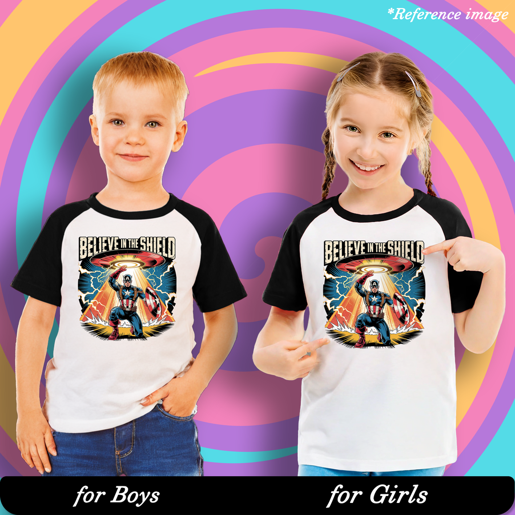 Believe in the Shield Graphic Print Raglan T-Shirt - 100% Cotton, Half Sleeve, Unisex Fit, Black and White