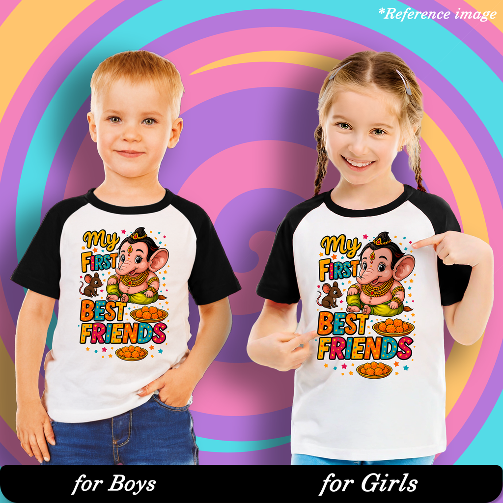 My First Best Friends Graphic Print Raglan T-Shirt - 100% Cotton, Half Sleeve, Unisex Fit, Black and White