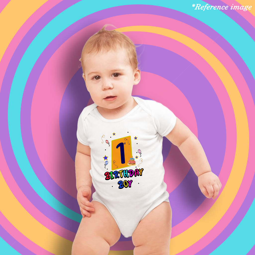 My 1st Happy Birthday Graphic Print 100% Cotton Half Sleeve White Romper/Onesies For Boys