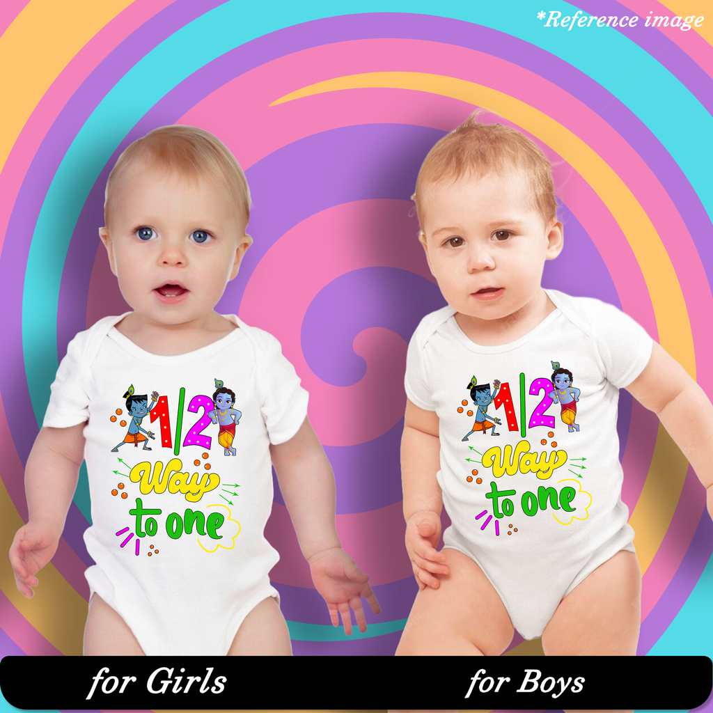 Half Way to One Graphic Print Romper - 100% Cotton, Half Sleeve, Unisex Fit, White | Holi Romper / Onesies