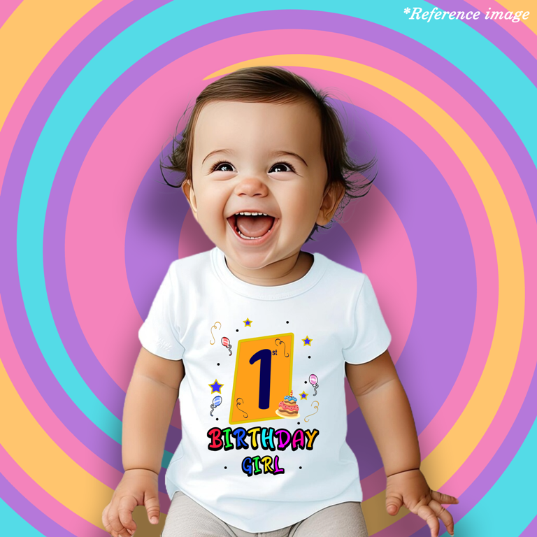 My 1st Happy Birthday Graphic Print T-Shirt - 100% Cotton, Half Sleeve, White for Girls