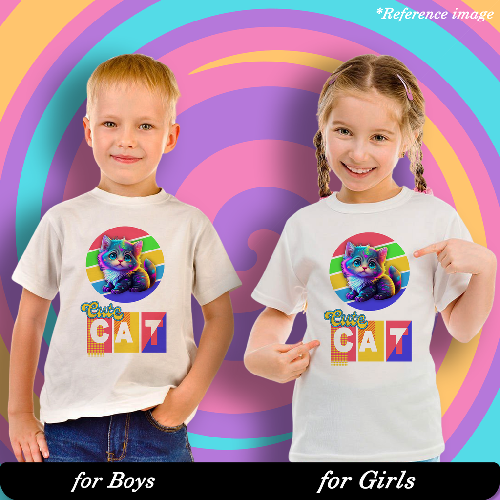 Cute Cat Graphic Print T-Shirt - 100% Cotton, Half Sleeve, Unisex Fit, White
