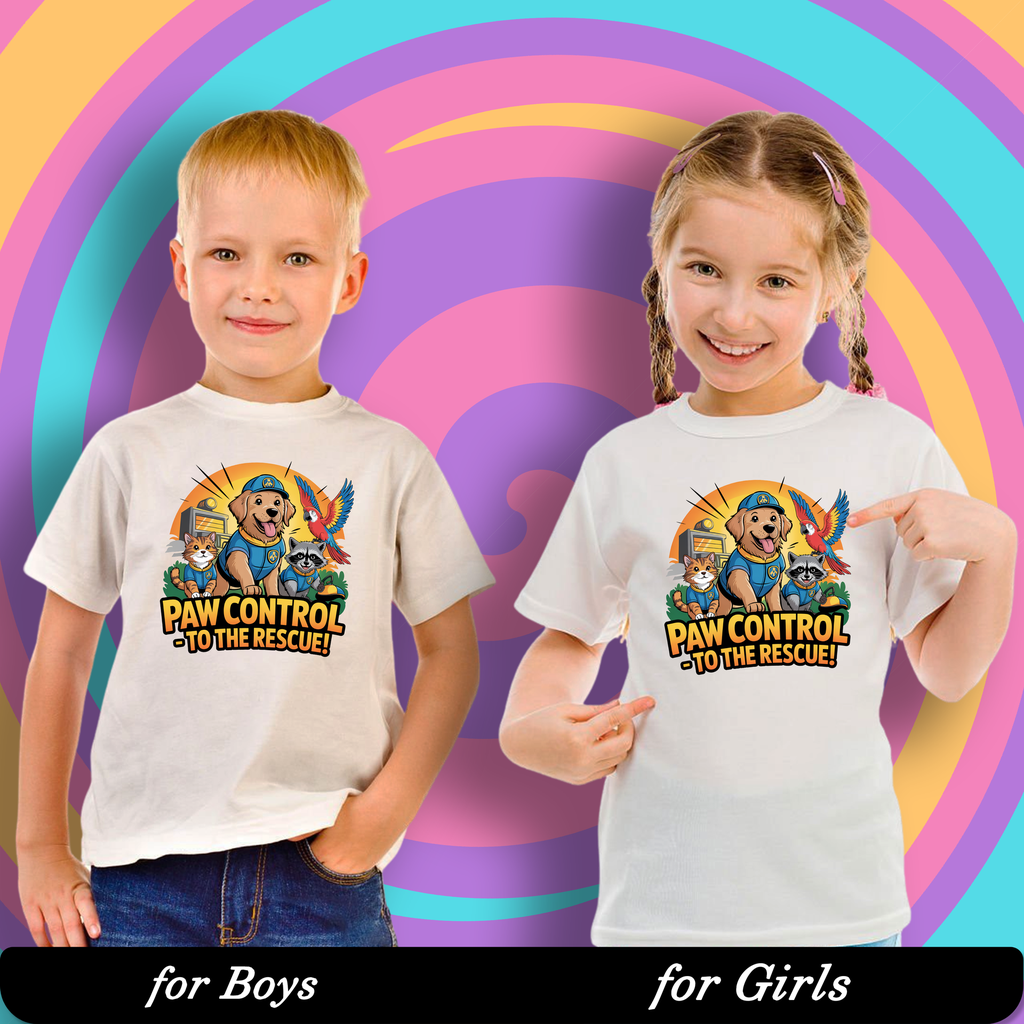 Paw Control - Rescue Heroes Graphic Print T-Shirt - 100% Cotton, Half Sleeve, Unisex Fit, White
