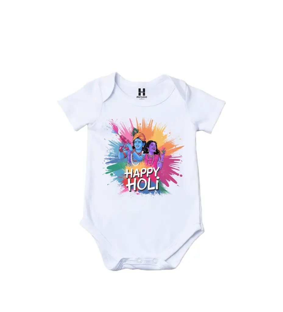 Radha krishna Happy Holi Graphic Print Romper - 100% Cotton, Half Sleeve, Unisex Fit, White | Holi Romper / Onesies (0-3 Months)