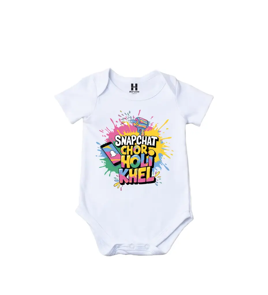 Snapchat Chor Holi Khel Graphic Print Romper - 100% Cotton, Half Sleeve, Unisex Fit, White | Holi Romper / Onesies (0-3 Months)