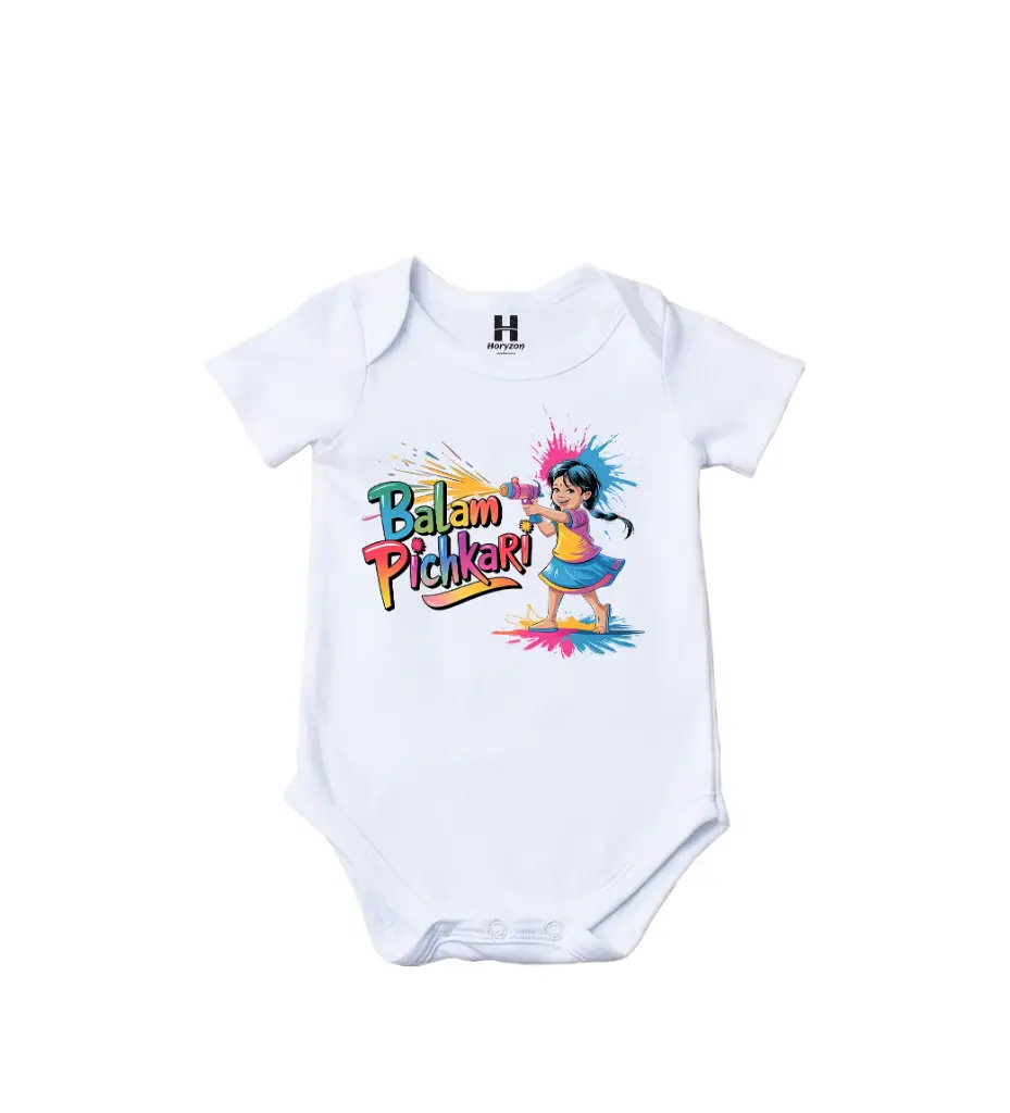 Balam Pichkari Graphic Print Romper - 100% Cotton, Half Sleeve, Unisex Fit, White | Holi Romper / Onesies (0-3 Months, Online Payment)