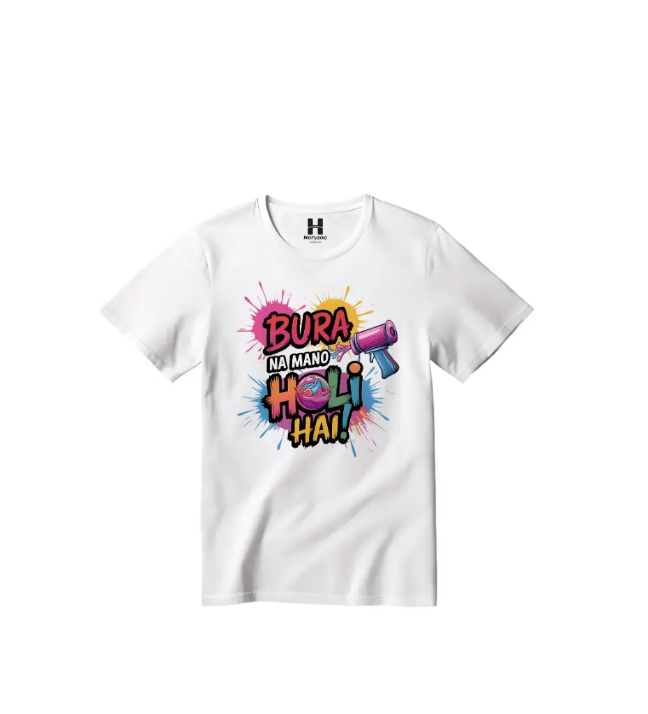 Bura Na Mano Holi Hai Graphic Print T-Shirt - 100% Cotton, Half Sleeve, Unisex Fit, White | Holi T-Shirt (0-6 Months, Online Payment)