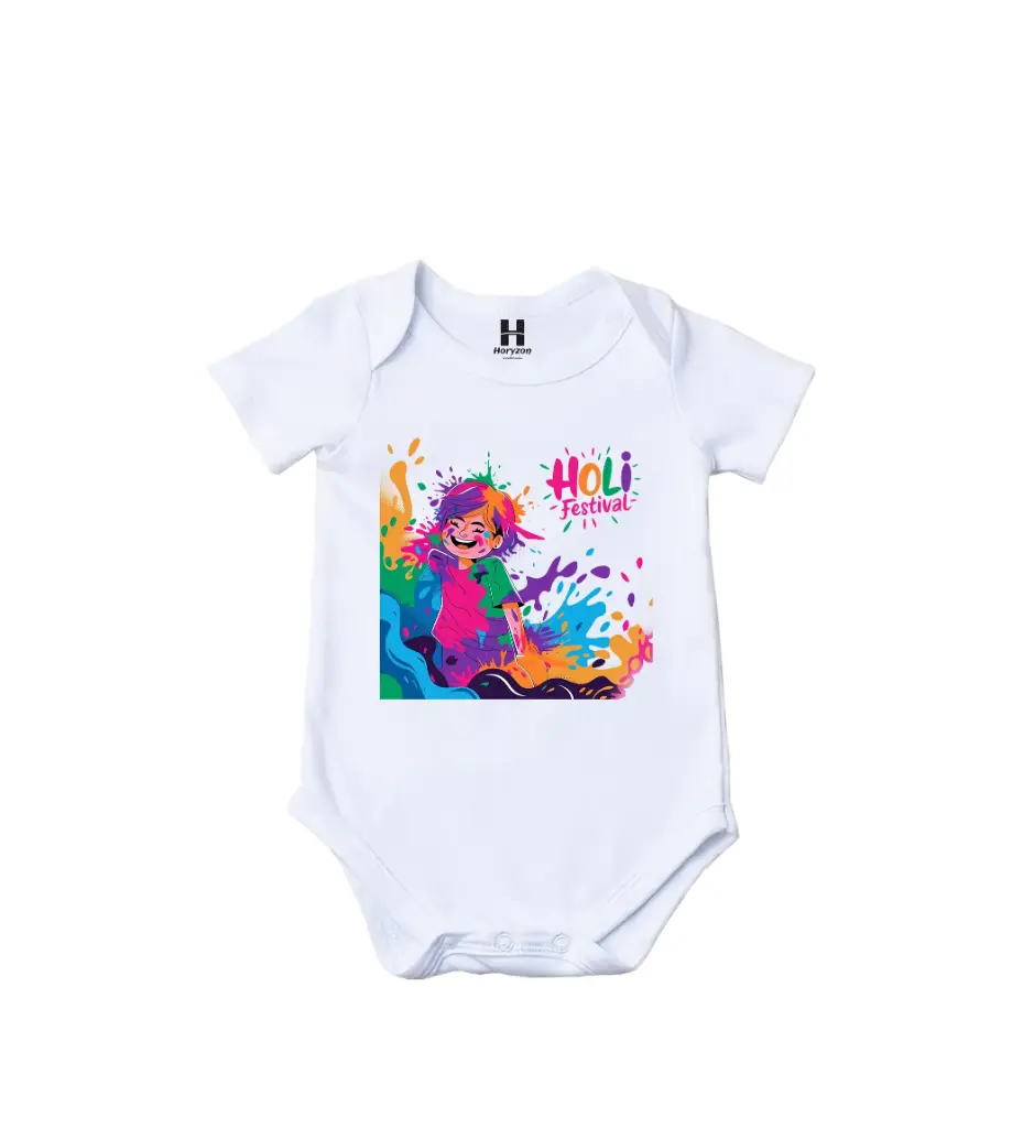 Celebrate Colors Graphic Print Romper - 100% Cotton, Half Sleeve, Unisex Fit, White | Holi Romper / Onesies (0-3 Months, Online Payment)
