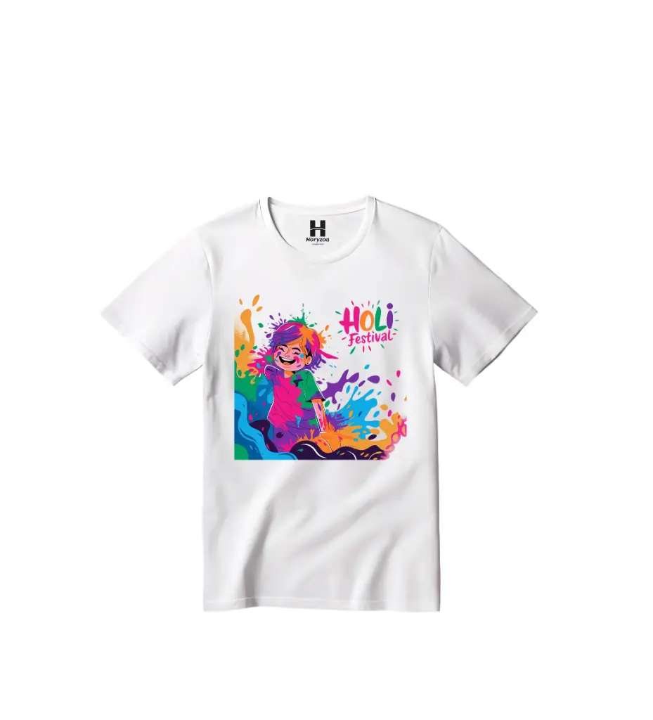 Celebrate Colors Graphic Print T-Shirt - 100% Cotton, Half Sleeve, Unisex Fit, White | Holi T-Shirt (0-6 Months, Online Payment)