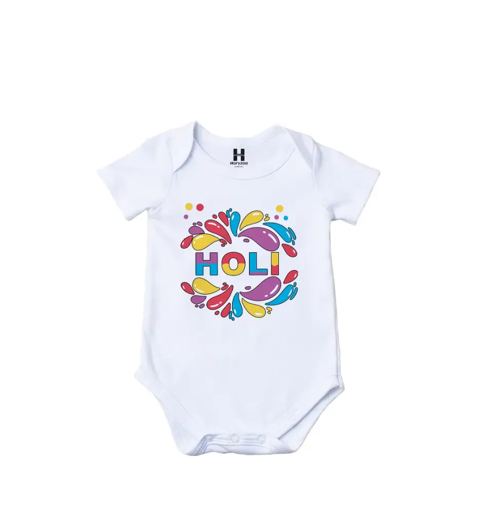 Color Burst Graphic Print Romper - 100% Cotton, Half Sleeve, Unisex Fit, White | Holi Romper / Onesies (0-3 Months, Online Payment)