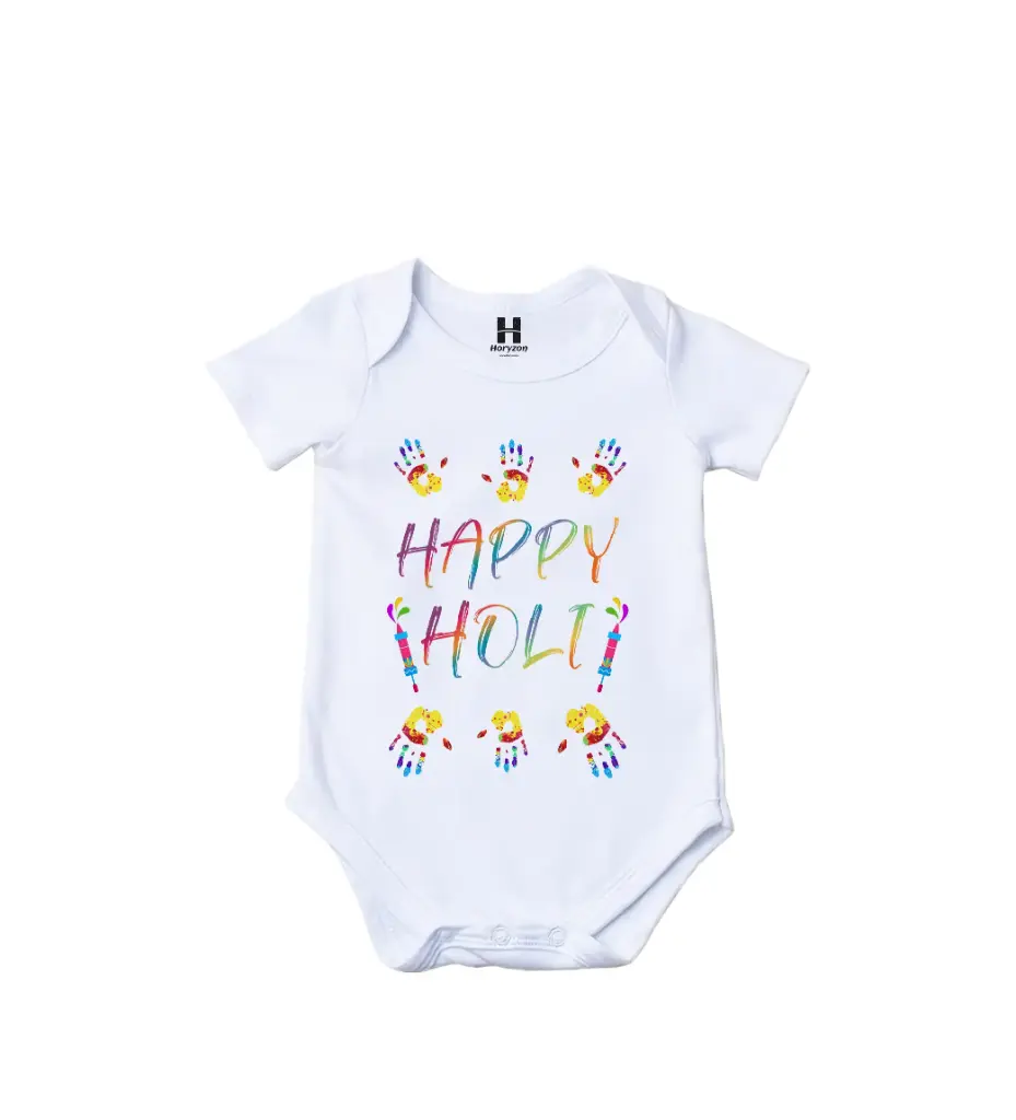 Color Carnival Graphic Print Romper - 100% Cotton, Half Sleeve, Unisex Fit, White | Holi Romper / Onesies (0-3 Months, Online Payment)