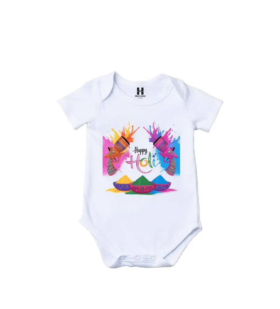 Colors Reloaded Happy Holi Graphic Print Romper - 100% Cotton, Half Sleeve, Unisex Fit, White | Holi Romper / Onesies (0-3 Months, Online Payment)
