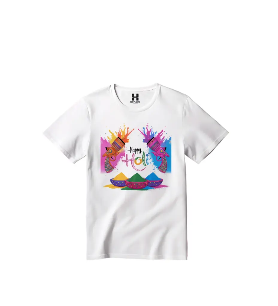 Colors Reloaded Happy Holi Graphic Print T-Shirt - 100% Cotton, Half Sleeve, Unisex Fit, White | Holi T-Shirt (0-6 Months, Online Payment)