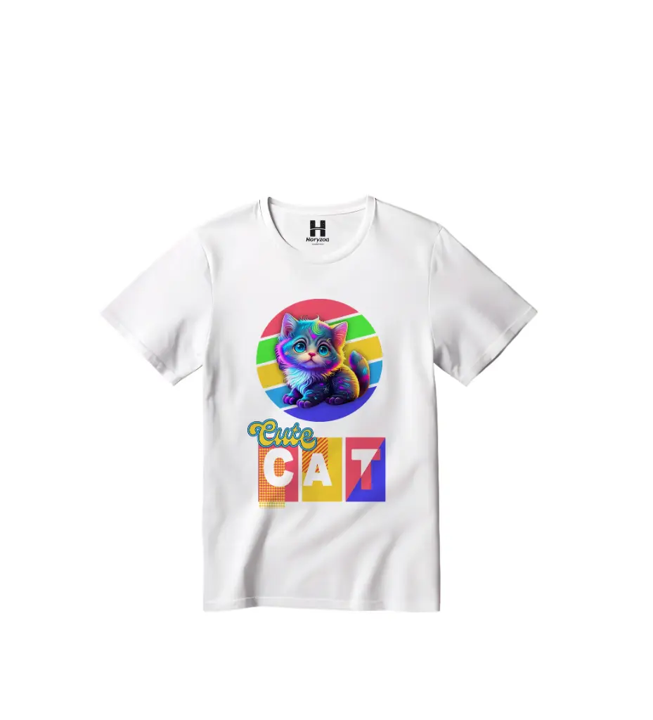 Cute Cat Graphic Print T-Shirt - 100% Cotton, Half Sleeve, Unisex Fit, White (0-6 Months, Online Payment)