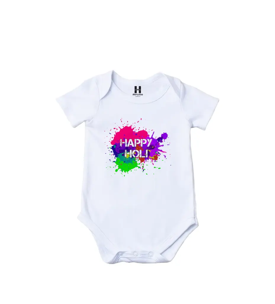 Festive Splash Graphic Print Romper - 100% Cotton, Half Sleeve, Unisex Fit, White | Holi Romper / Onesies (0-3 Months, Online Payment)