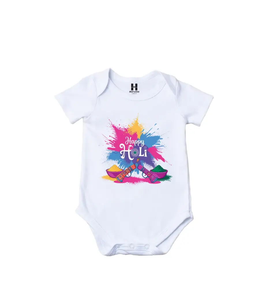 Happy Holi Graphic Print Romper - 100% Cotton, Half Sleeve, Unisex Fit, White | Holi Romper / Onesies (0-3 Months, Online Payment)