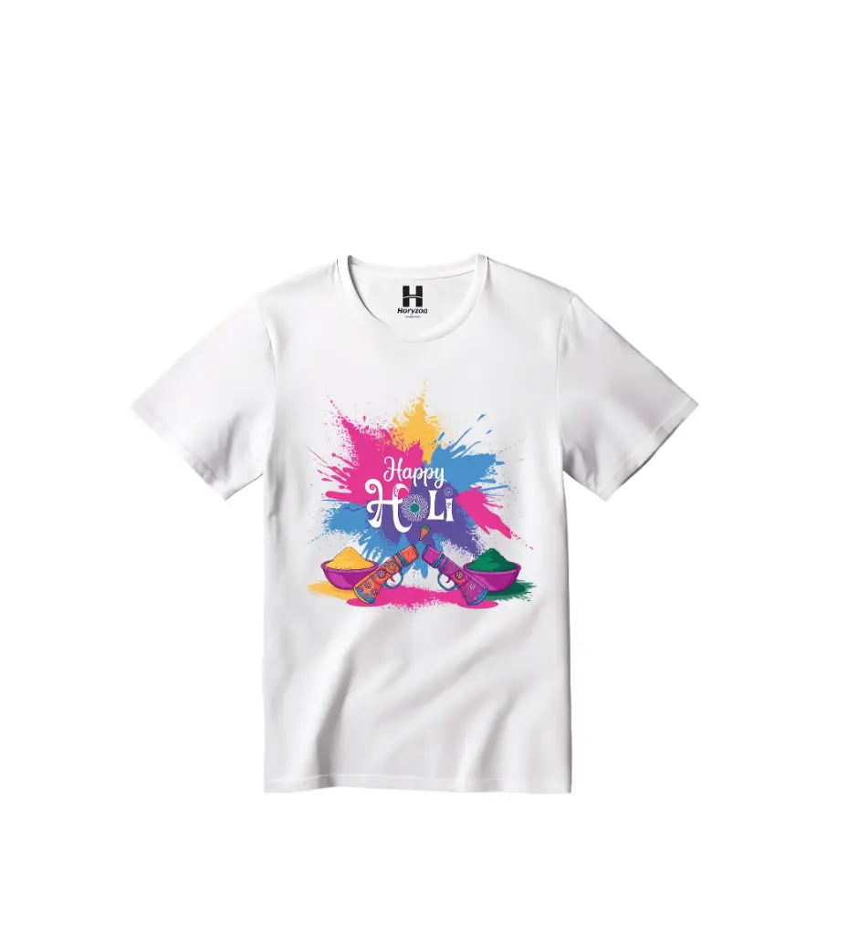 Happy Holi Graphic Print T-Shirt - 100% Cotton, Half Sleeve, Unisex Fit, White | Holi T-Shirt (0-6 Months, Online Payment)