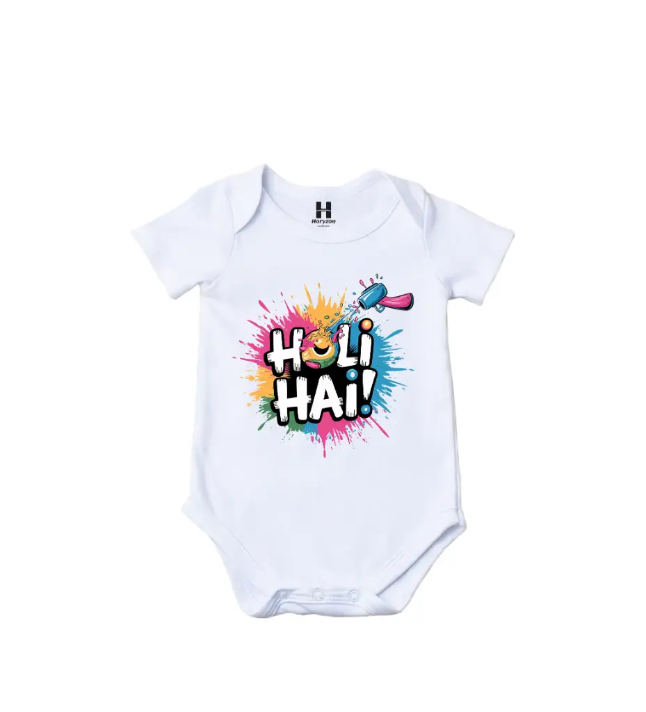 Holi Hai Graphic Print Romper - 100% Cotton, Half Sleeve, Unisex Fit, White | Holi Romper / Onesies (0-3 Months, Online Payment)