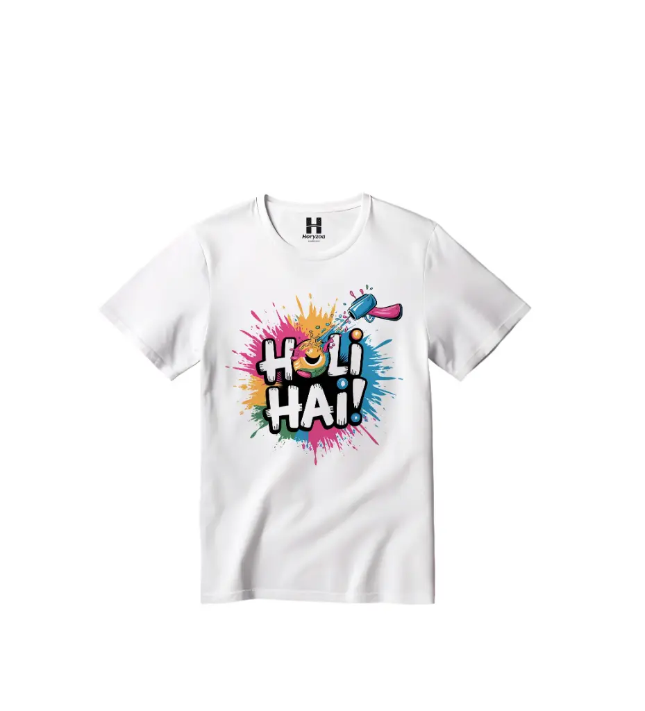 Holi Hai Graphic Print T-Shirt - 100% Cotton, Half Sleeve, Unisex Fit, White | Holi T-Shirt (0-6 Months, Online Payment)