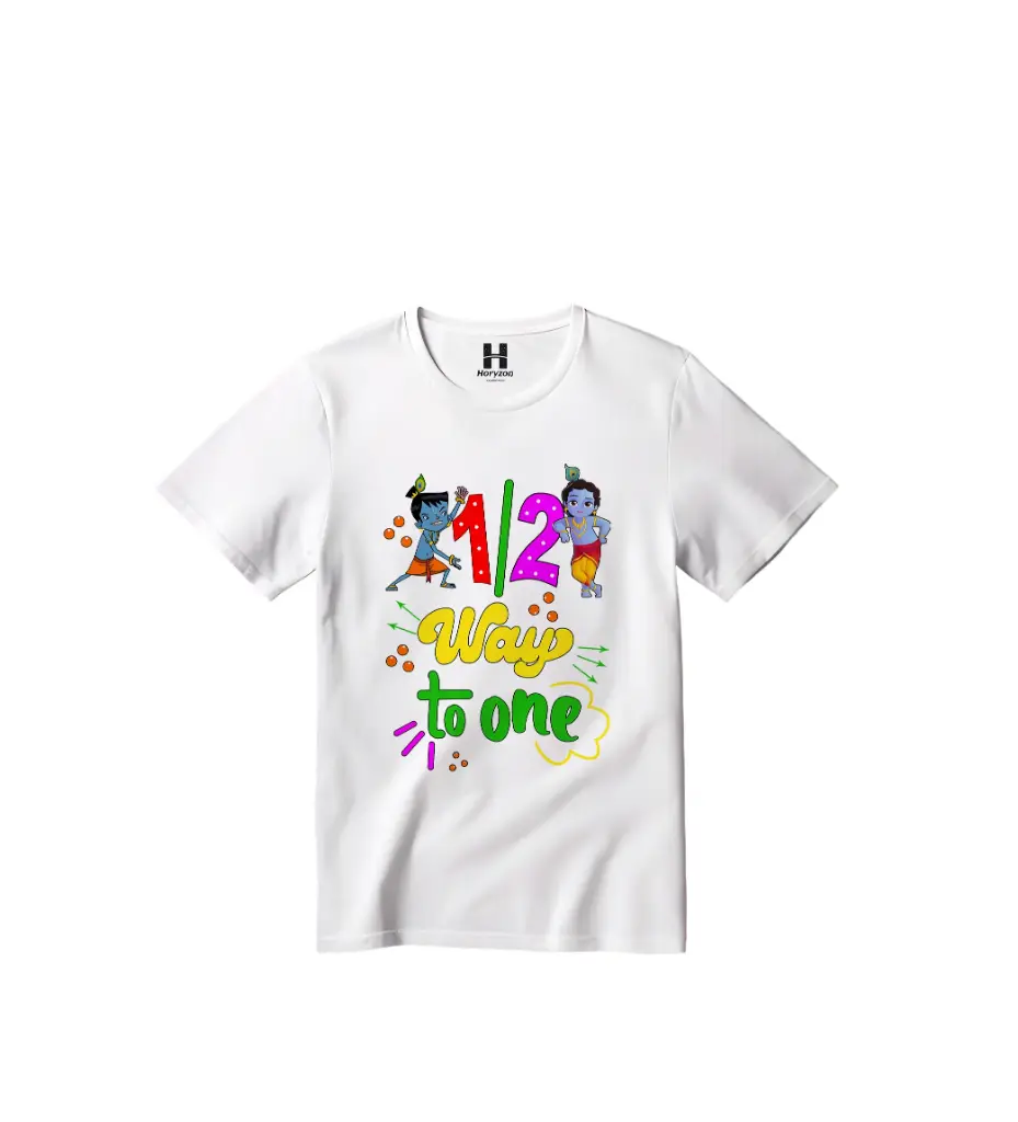 Half Way to One Graphic Print T-Shirt - 100% Cotton, Half Sleeve, Unisex Fit, White (0-6 Months, Online Payment)