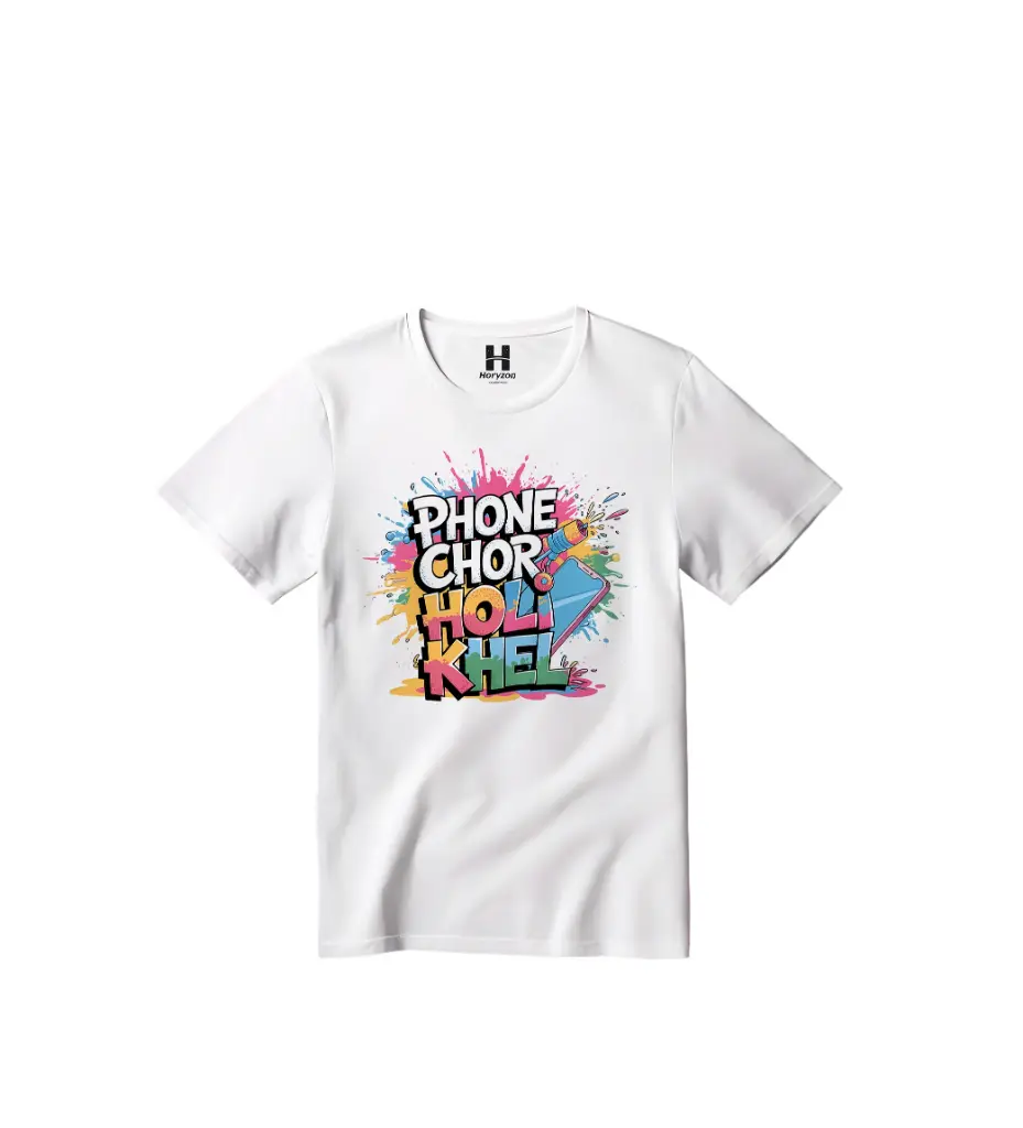 Phone Chor Holi Khel Graphic Print T-Shirt - 100% Cotton, Half Sleeve, Unisex Fit, White | Holi T-Shirt