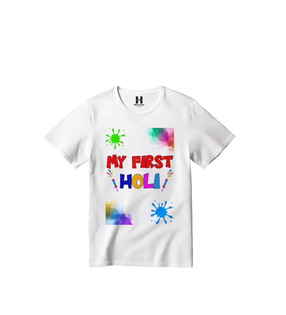 My First Holi Graphic Print T-Shirt - 100% Cotton, Half Sleeve, Unisex Fit, White | Holi T-Shirt (0-6 Months, Online Payment)
