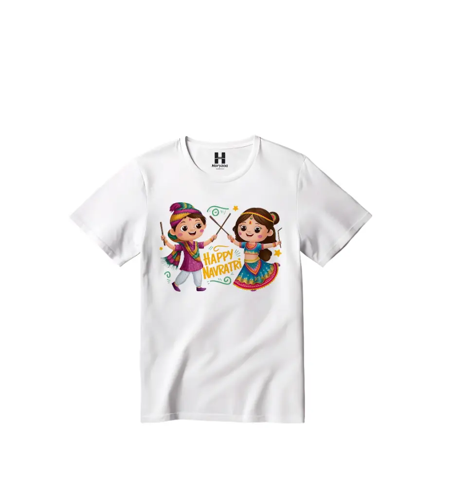 Happy Navaratri Graphic Print T-Shirt - 100% Cotton, Half Sleeve, Unisex Fit, White (0-6 Months, Online Payment)