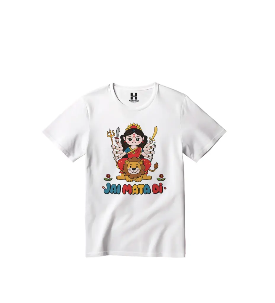 Jai Mata Di Graphic Print T-Shirt - 100% Cotton, Half Sleeve, Unisex Fit, White (0-6 Months, Online Payment)