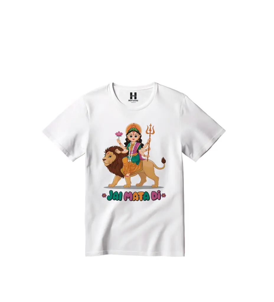 Jai Mata Di Graphic Print T-Shirt - 100% Cotton, Half Sleeve, Unisex Fit, White (0-6 Months, Online Payment)