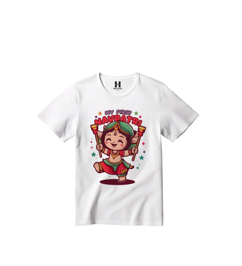 My First Navratri Graphic Print T-Shirt - 100% Cotton, Half Sleeve, Unisex Fit, White (0-6 Months, Online Payment)