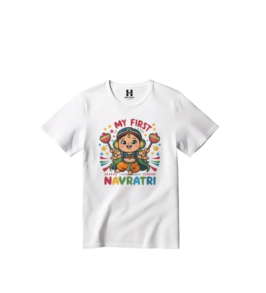 My First Navratri Graphic Print T-Shirt - 100% Cotton, Half Sleeve, Unisex Fit, White (0-6 Months, Online Payment)