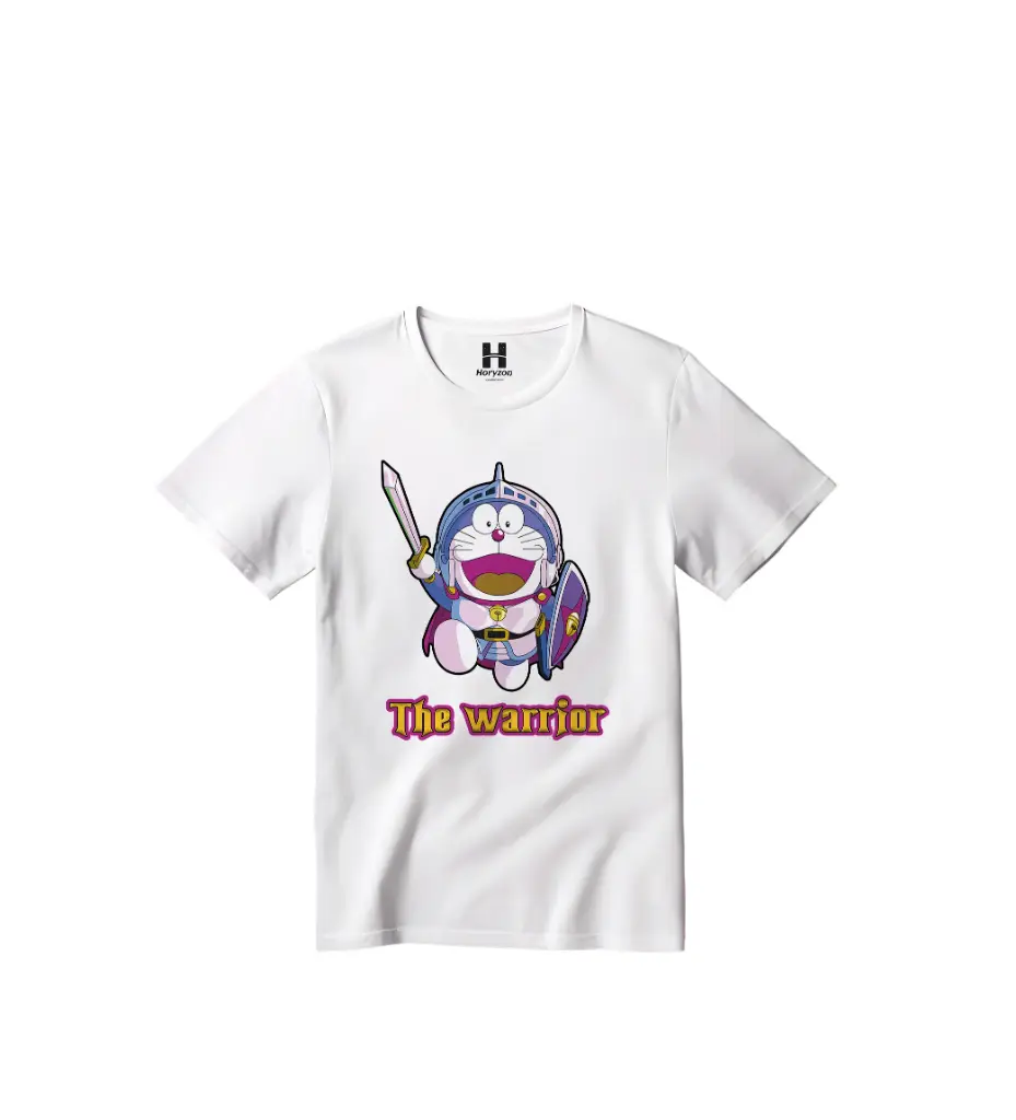 Doraemon the Warrior Graphic Print T-Shirt - 100% Cotton, Half Sleeve, Unisex Fit, White (0-6 Months, Online Payment)
