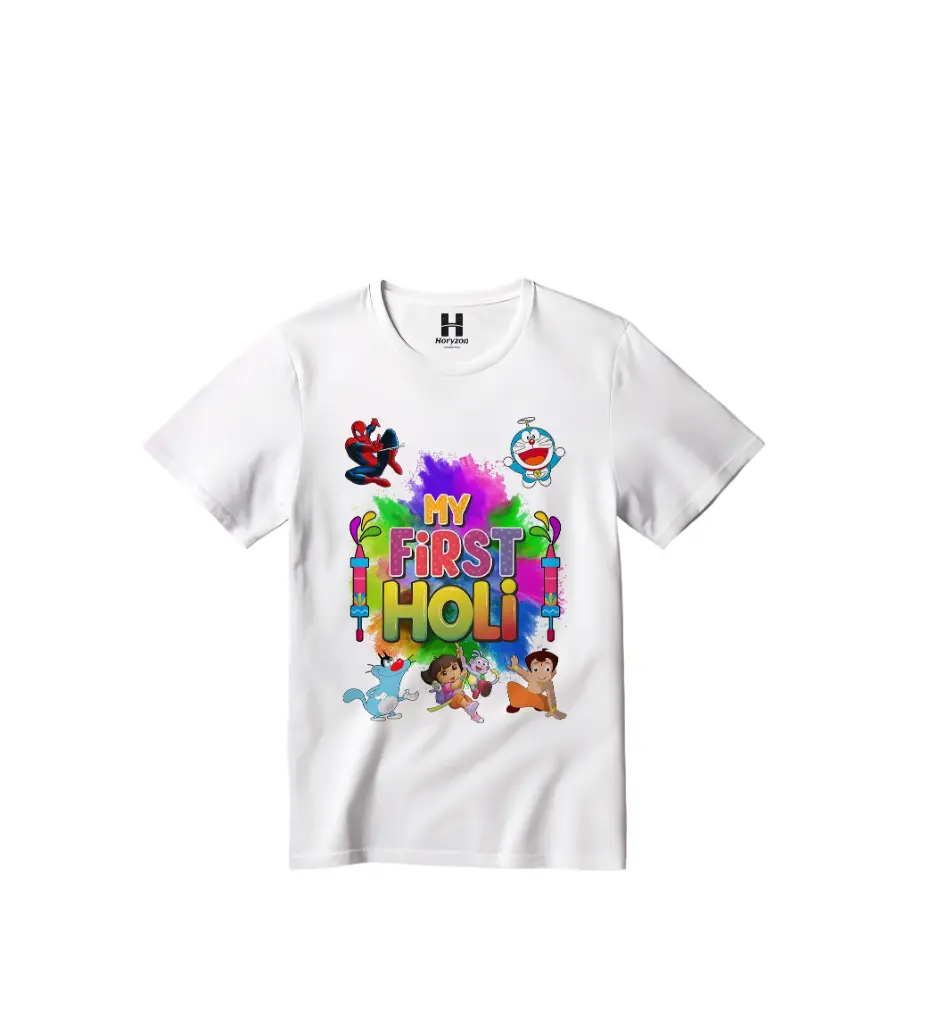 Superheroes and Friends Holi Fiesta Graphic Print T-Shirt - 100% Cotton, Half Sleeve, Unisex Fit, White | Holi T-Shirt (0-6 Months, Online Payment)