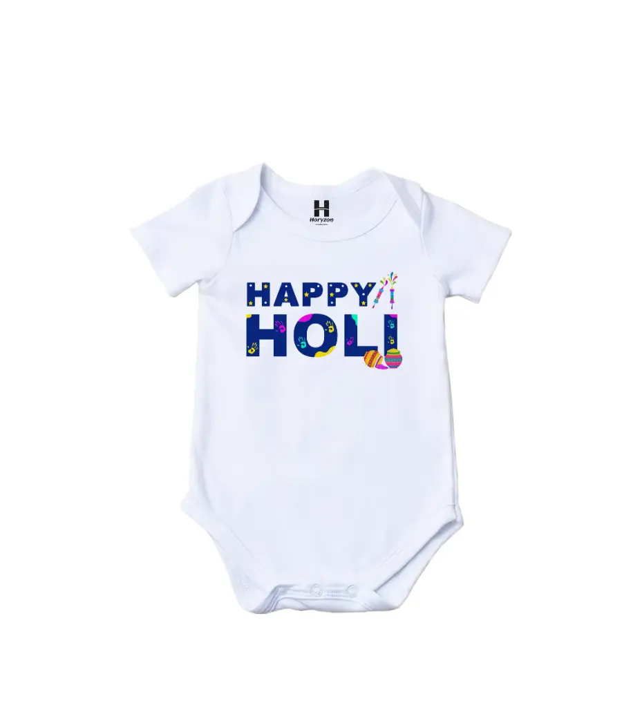 Joyful Fest Graphic Print Romper - 100% Cotton, Half Sleeve, Unisex Fit, White | Holi Romper / Onesies (0-3 Months, Online Payment)